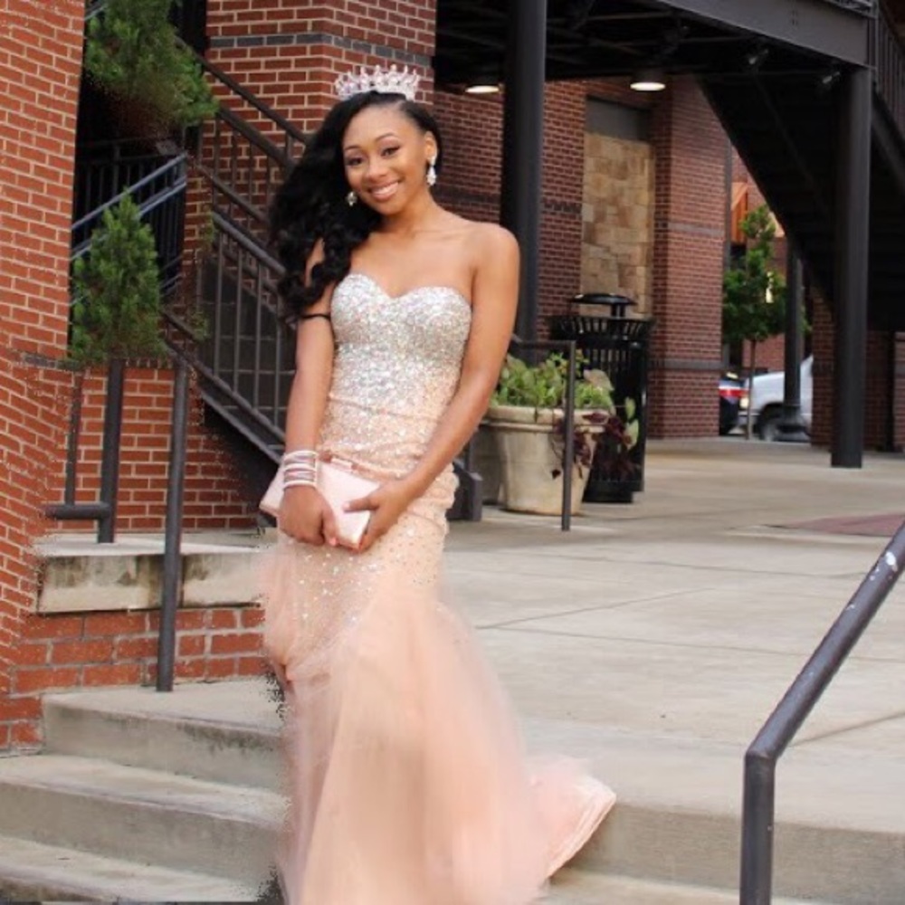 Rhinestone Prom Peach Dress